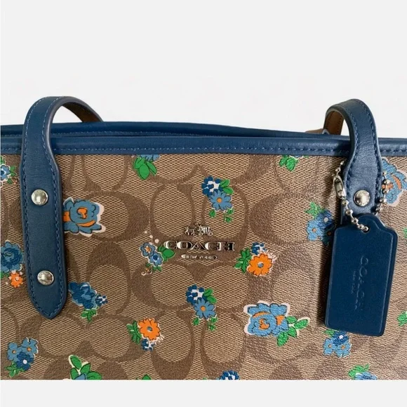 Coach City Tote in Brown Signature Floral with Blue Trim - Picture 2 of 8